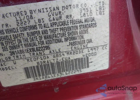 2009 Nissan Sentra 2.0S z USA, uszkodzony, nr VIN 3N1AB61EX9L622295